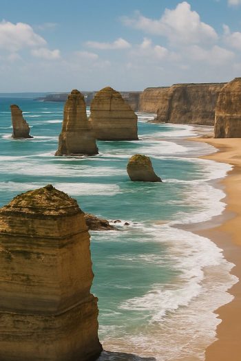 View of the Twelve Apostles on the coast, showing rock formations and ocean waves