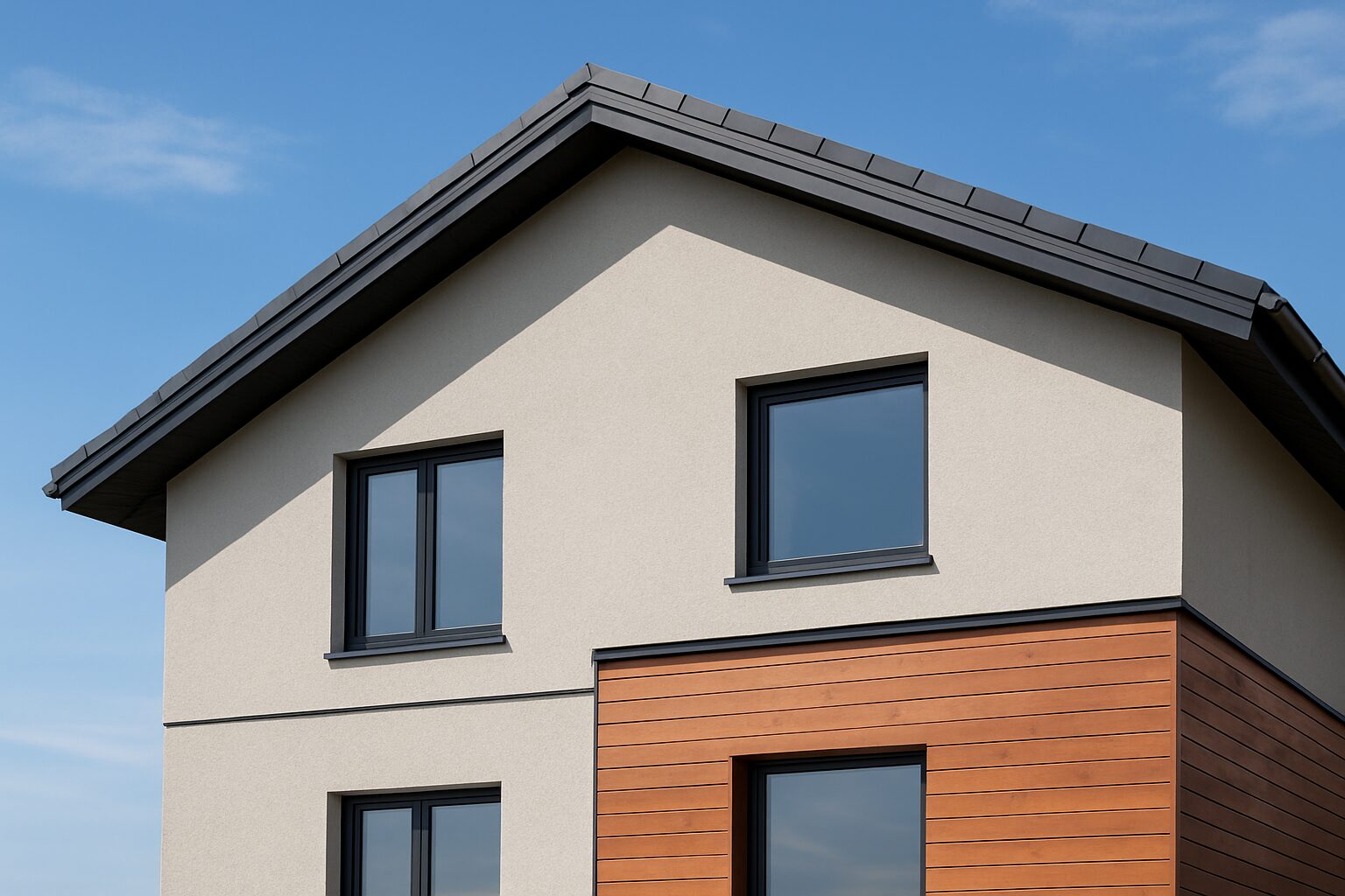 Close-up of a modern residential building with a blend of plaster and wooden paneling under a blue sky