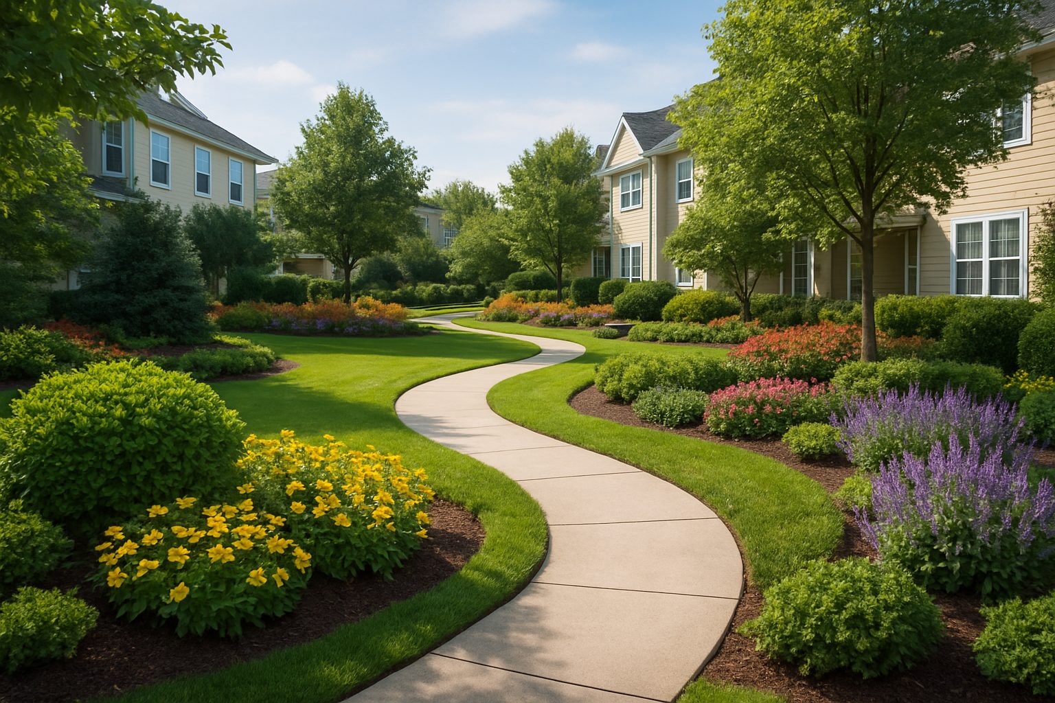 A landscaped pathway winding through vibrant flower beds and greenery in a residential community.
